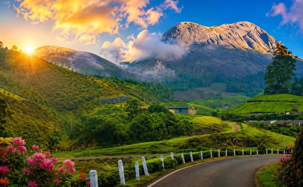 View of the green hills and tea plantations in Munnar